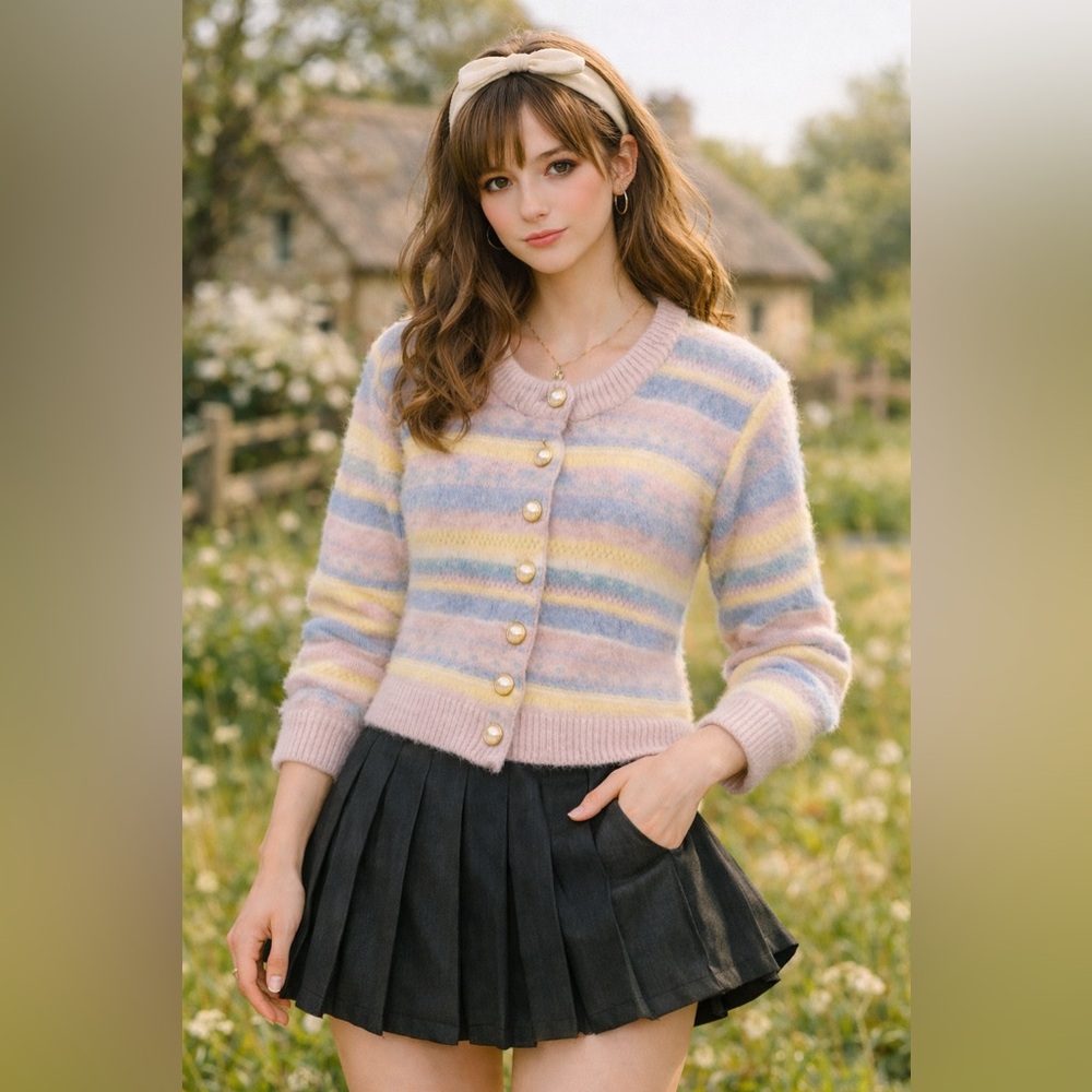 Vtg Lyle & Scott Fuzzy Angora Lambswool Rainbow Pastel Cardigan w/ Pearl Buttons